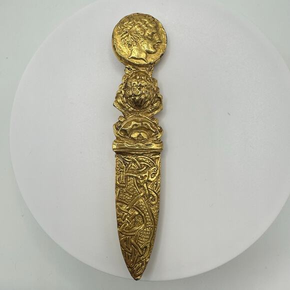 Vintage gold tone Grecco Roman style scabbard dagger cameo face 4" brooch - Picture 1 of 8